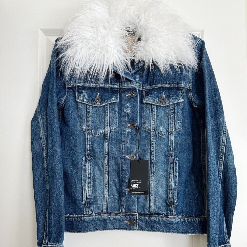 NWT PAIGE Women's Faux Fur Collar Heidi Denim Jacket in Felix Distressed